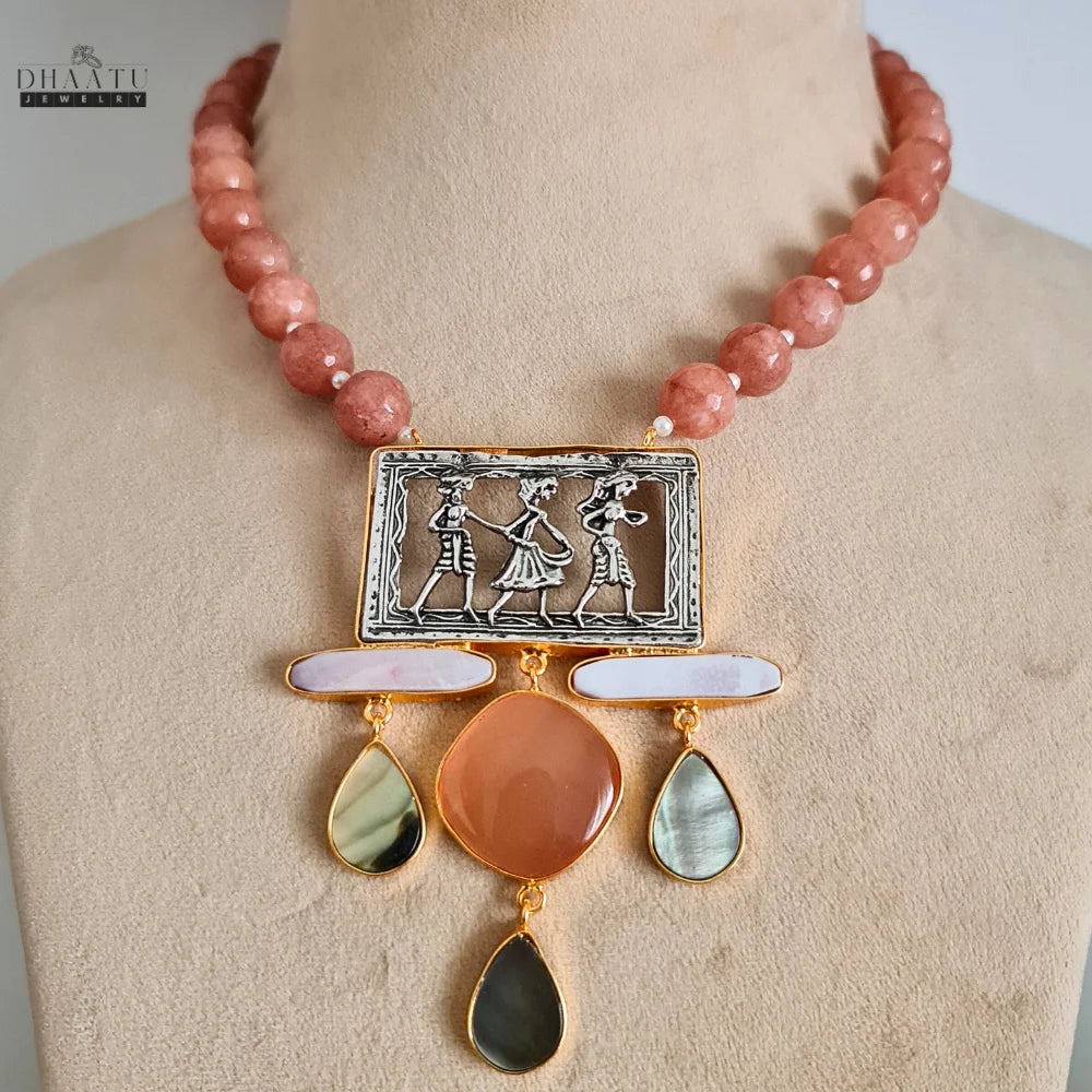 Handcrafted Stone Folk Art Necklace Statement Ethnic Jewelry