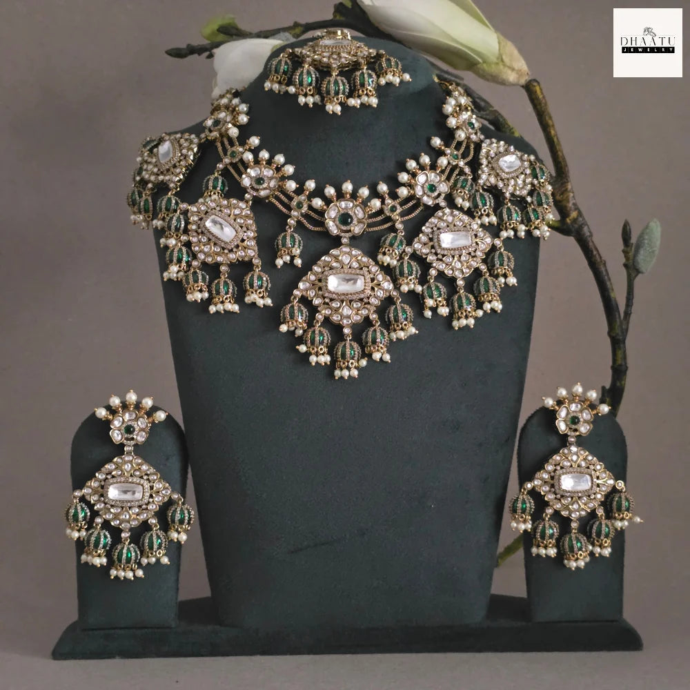 Dhaatu Regal Green Natural Gemstone Kundan Necklace Set with Maang Tikka