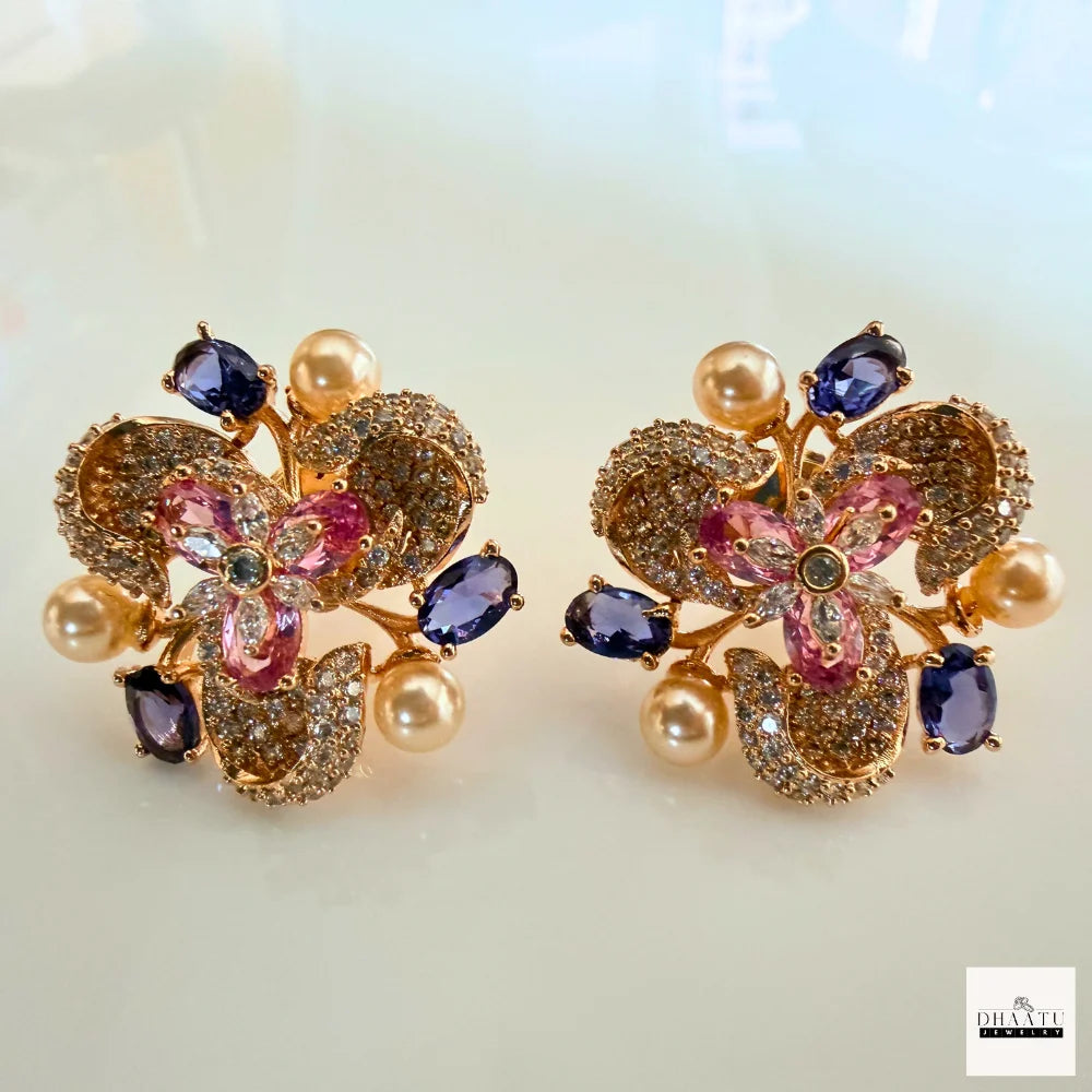 Rose Gold Floral Pearl Choker Set with Pink & Violet CZ Stones