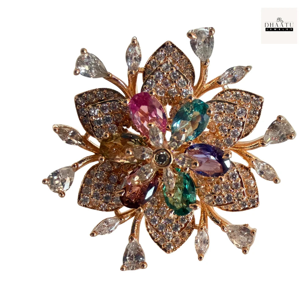 Gulnaar Floral Statement Ring – Rose Gold Plated Cocktail Ring with Pink & Green Stones