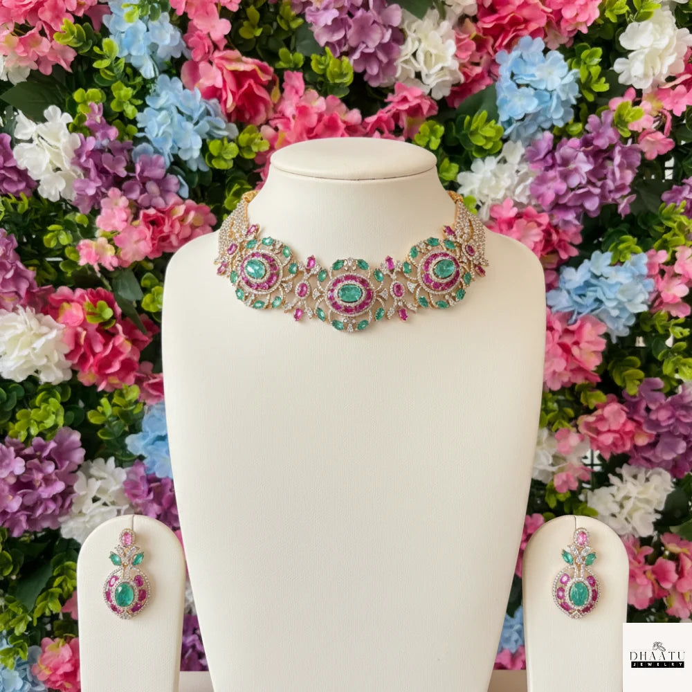 Gulnaar Mint Green & Pink Stone Choker Set with Multi-Strand Pearls