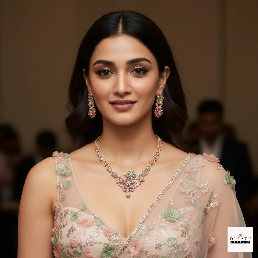 Gulnaar Floral Rose Gold Necklace Set with Pink & Mint Stones and Pearls