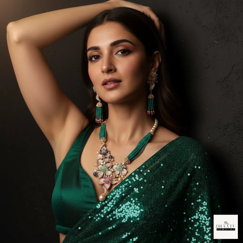 Floral Emerald & Pastel Stone Necklace Set with Pearl Drop