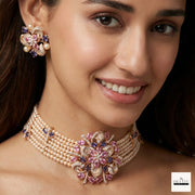 Rose Gold Floral Pearl Choker Set with Pink & Violet CZ Stones