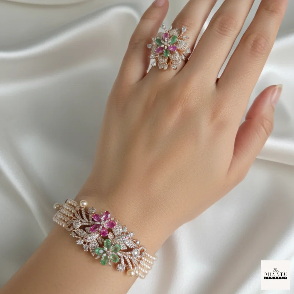 Gulnaar Floral Statement Ring – Rose Gold Plated Cocktail Ring with Pink & Green Stones
