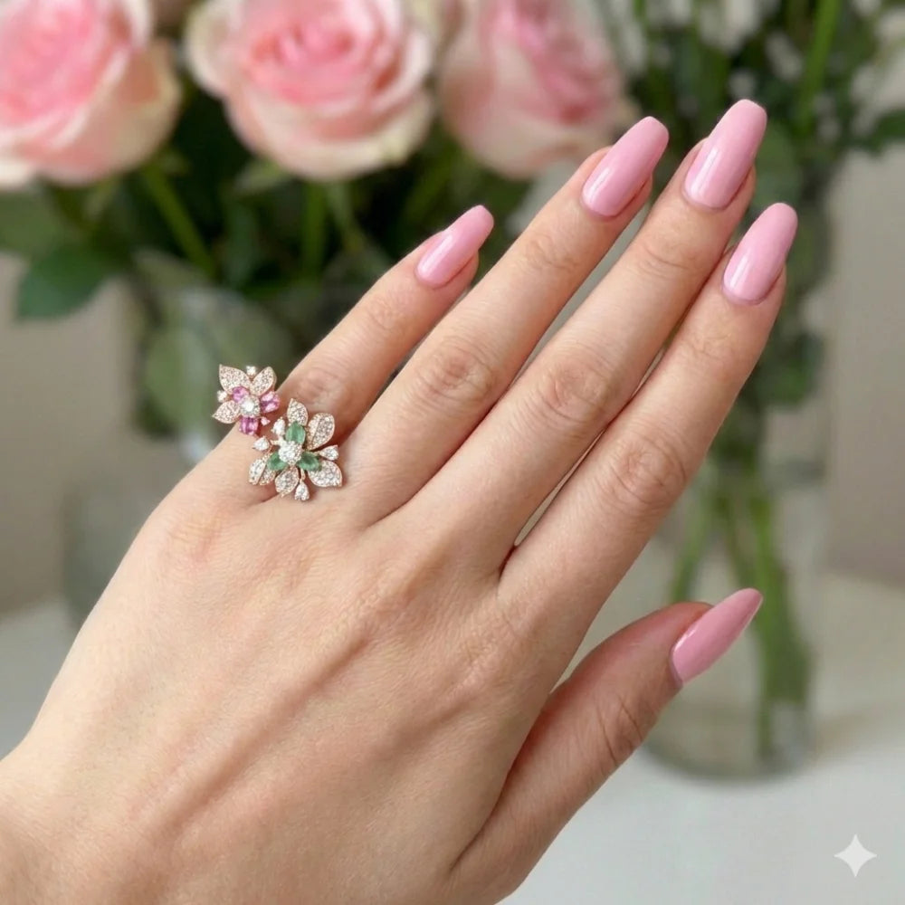 Gulnaar Dual-Floral Open Bypass Ring in Rose Gold with Pink & Mint Stones