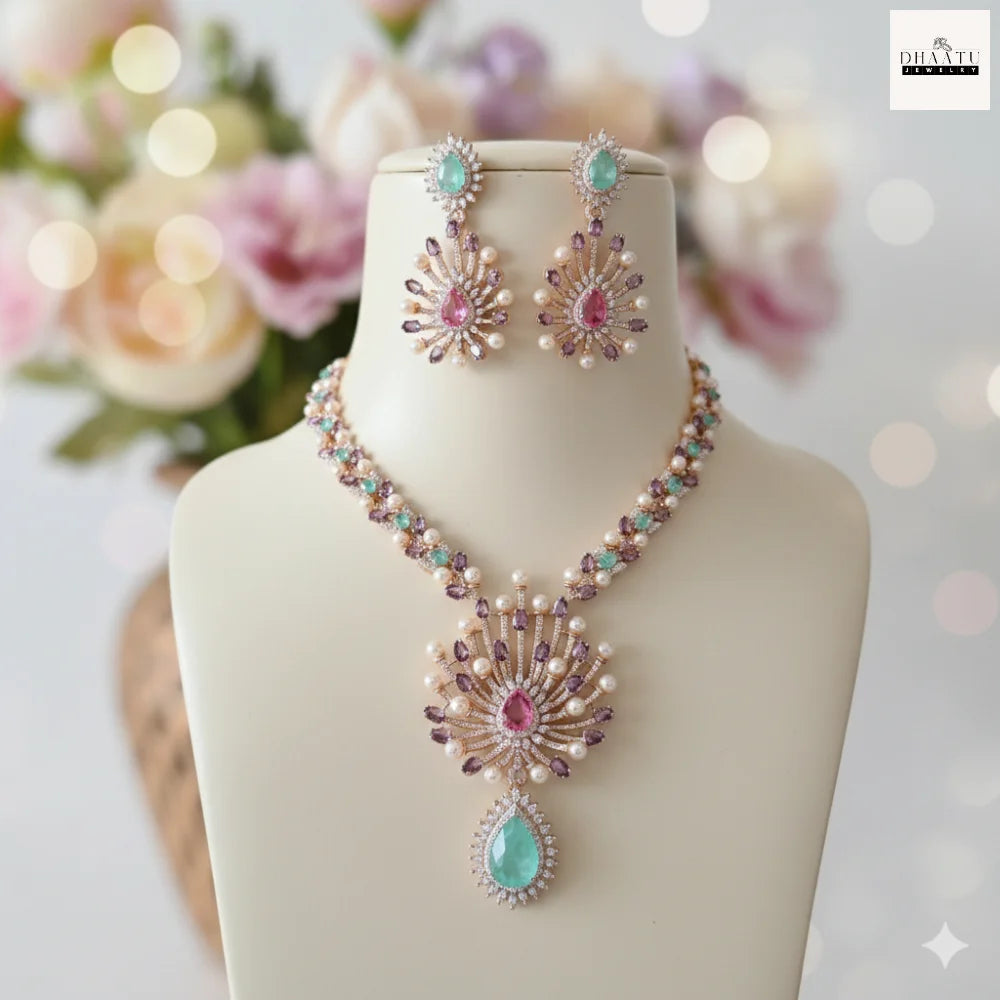 Gulnaar Dual-Tone Floral Statement Necklace & Earring Set – Handcrafted with Mint Emeralds, Pink Stones, and Shell Pearls