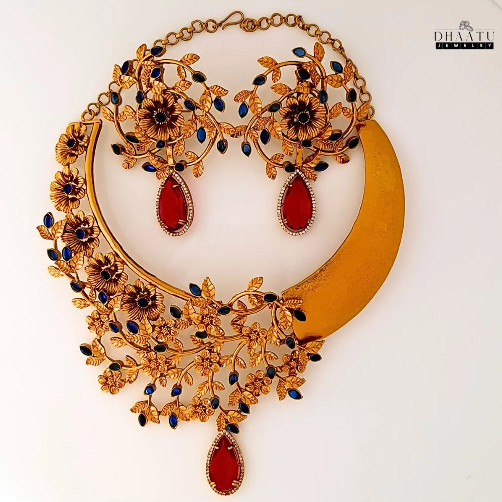 Regal Blossom Bridal Choker & Earring Set - Aqua Blue & Gold Statement Jewelry