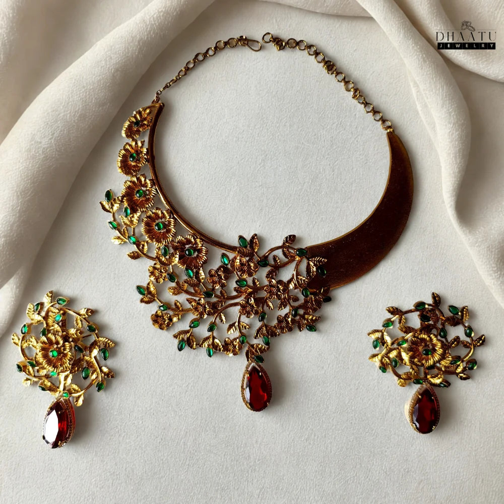 Regal Blossom Bridal Choker & Earring Set - Aqua Blue & Gold Statement Jewelry