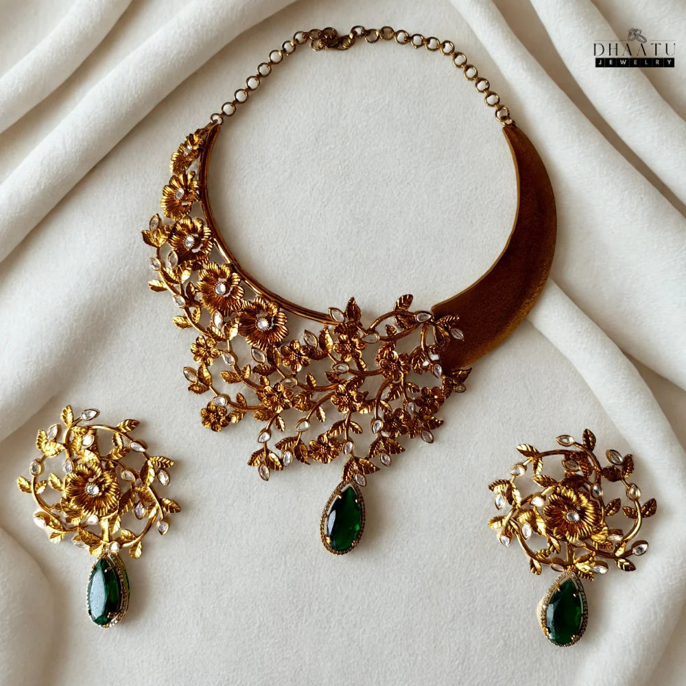 Regal Blossom Bridal Choker & Earring Set - Aqua Blue & Gold Statement Jewelry