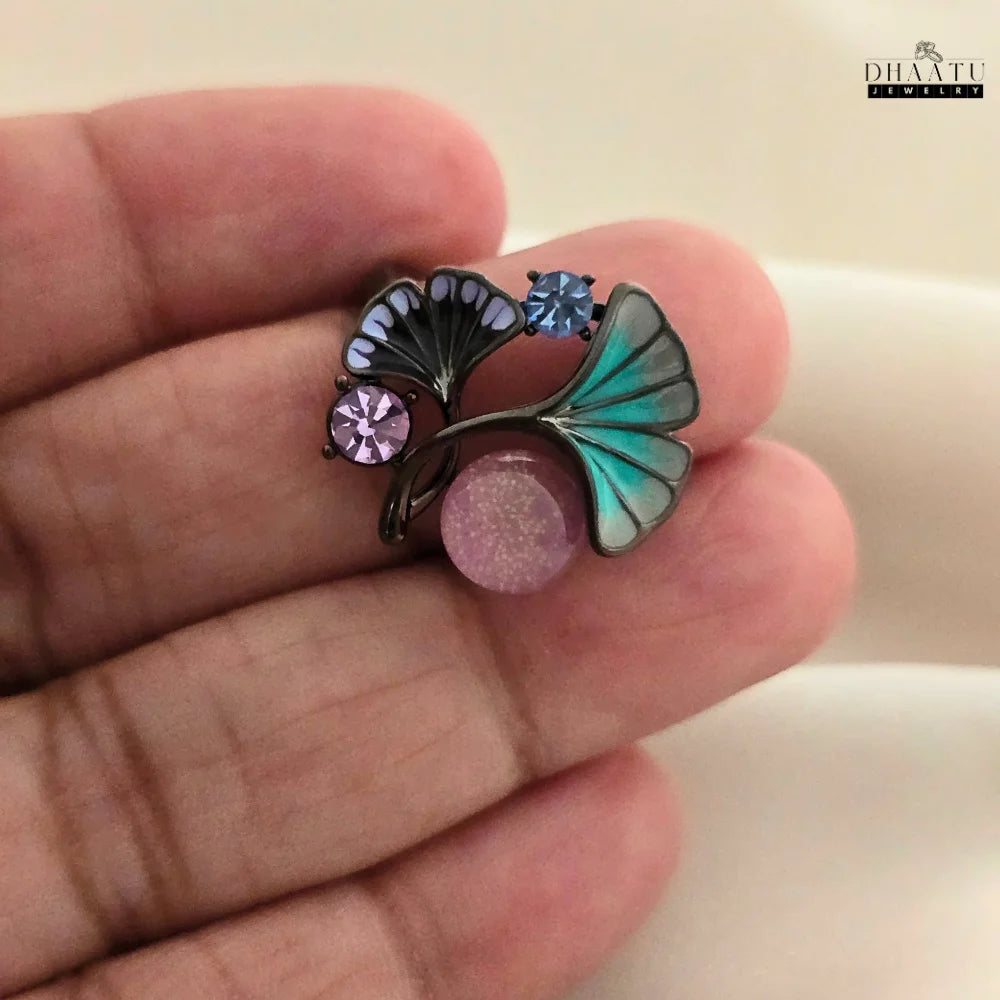 Enamel Ginkgo Leaf Ring with Crystal Accents and Pink Quartz Orb