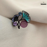 Enamel Ginkgo Leaf Ring with Crystal Accents and Pink Quartz Orb