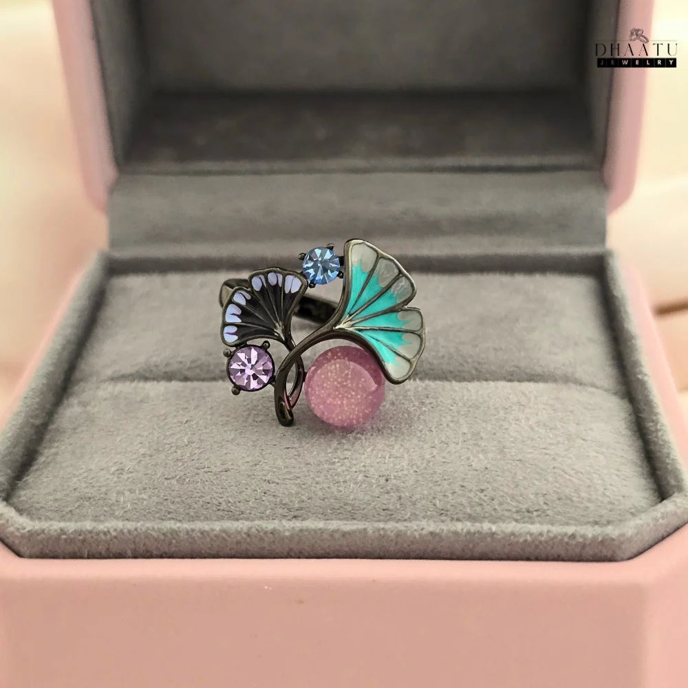 Enamel Ginkgo Leaf Ring with Crystal Accents and Pink Quartz Orb