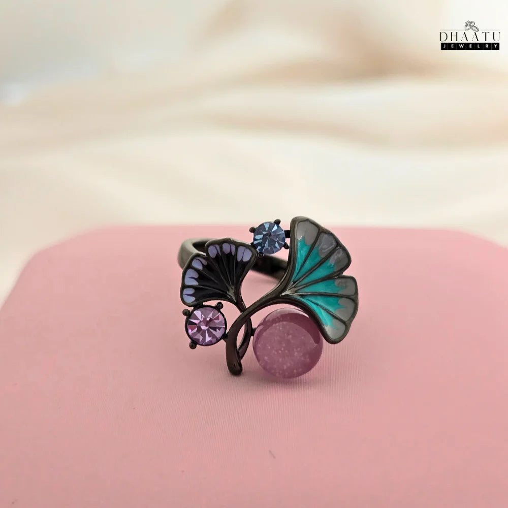 Enamel Ginkgo Leaf Ring with Crystal Accents and Pink Quartz Orb