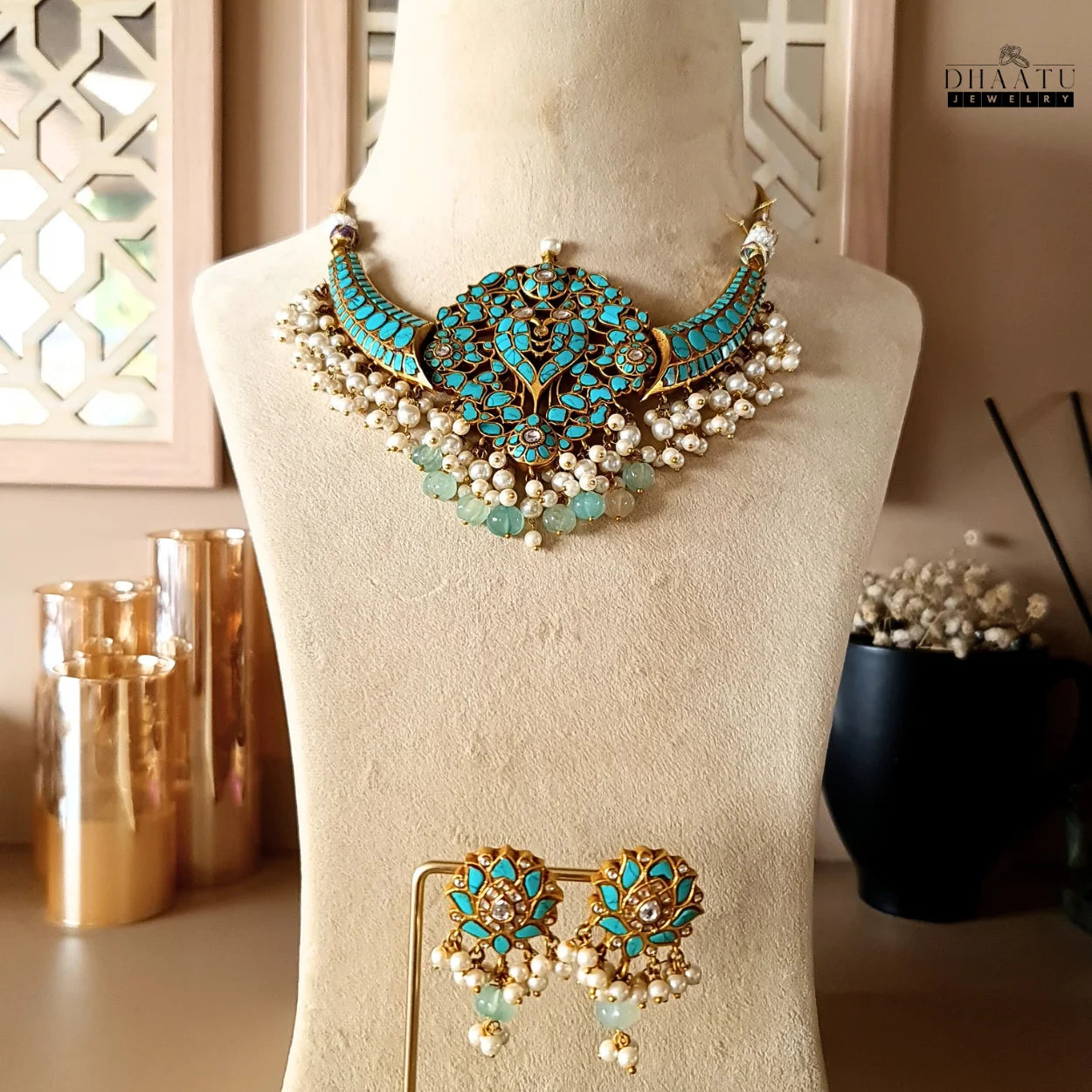 Regal Turquoise & Pearl Bridal Firoza Choker Necklace Set | Indian Royal Bridal Jewelry | Meenakari Wedding Necklace & Earrings
