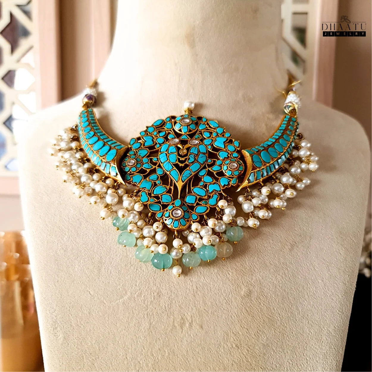 Regal Turquoise & Pearl Bridal Firoza Choker Necklace Set | Indian Royal Bridal Jewelry | Meenakari Wedding Necklace & Earrings