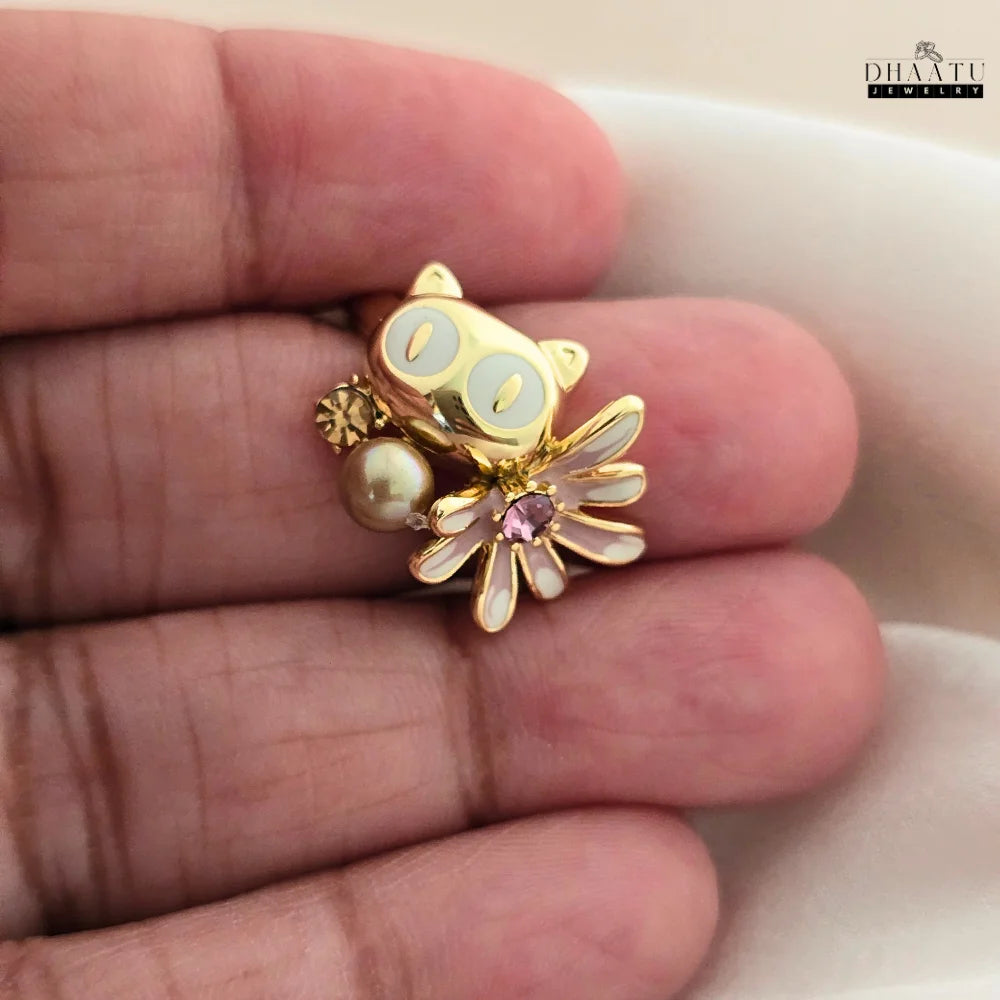 Playful Owl & Flower Ring in Gold and Silver Tones