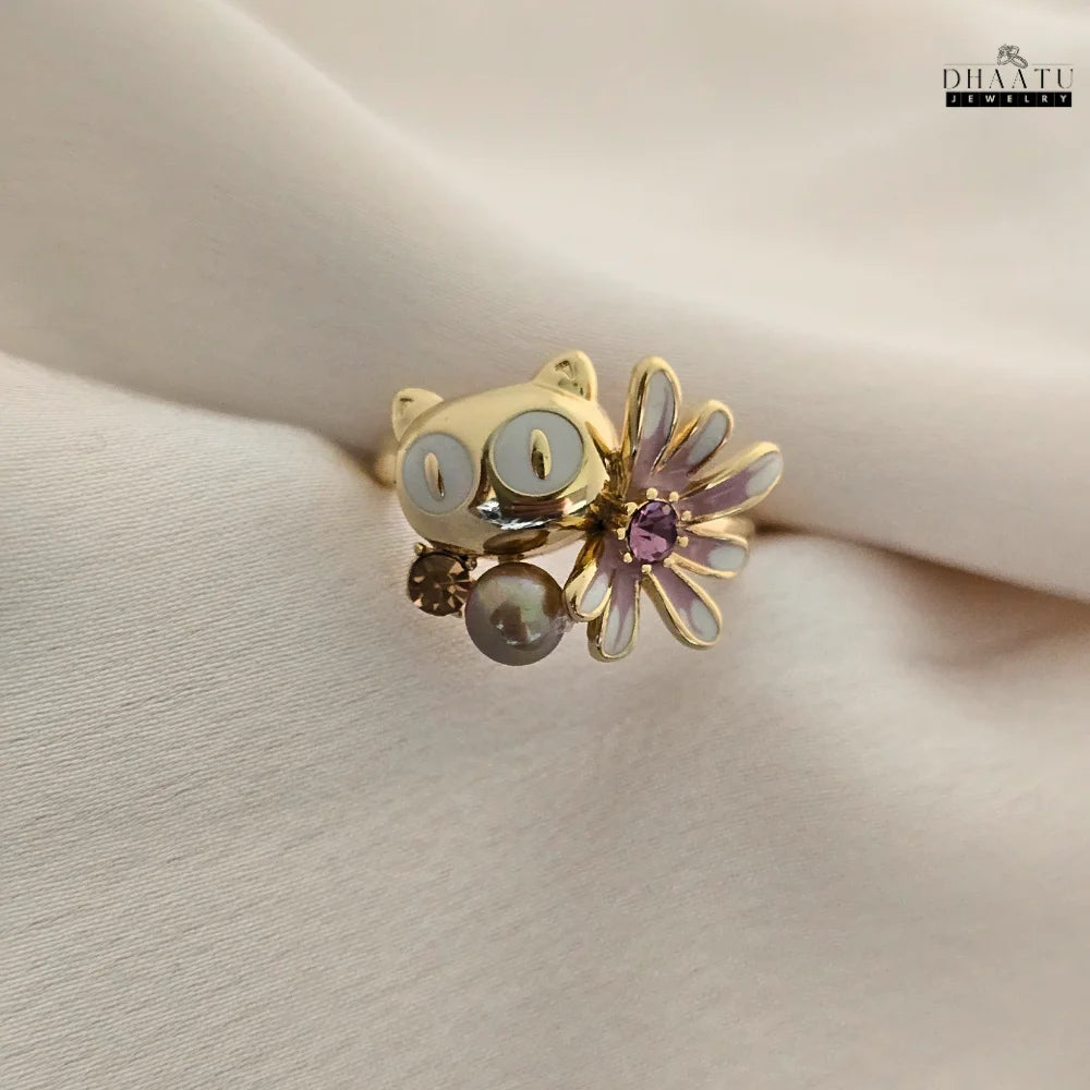 Playful Owl & Flower Ring in Gold and Silver Tones