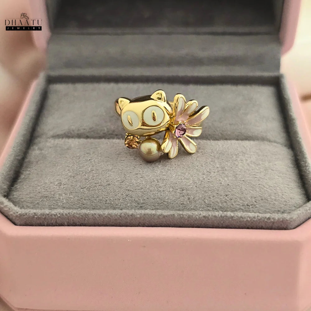 Playful Owl & Flower Ring in Gold and Silver Tones
