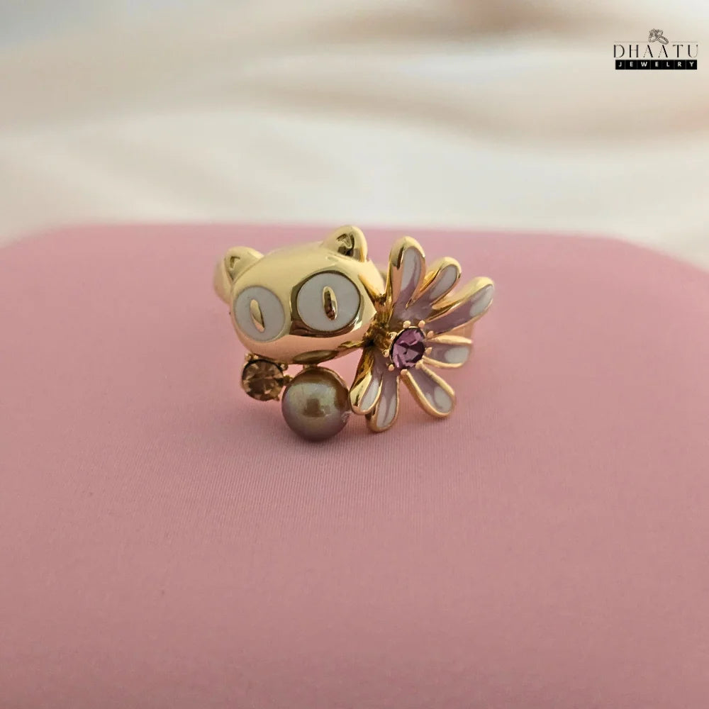 Playful Owl & Flower Ring in Gold and Silver Tones