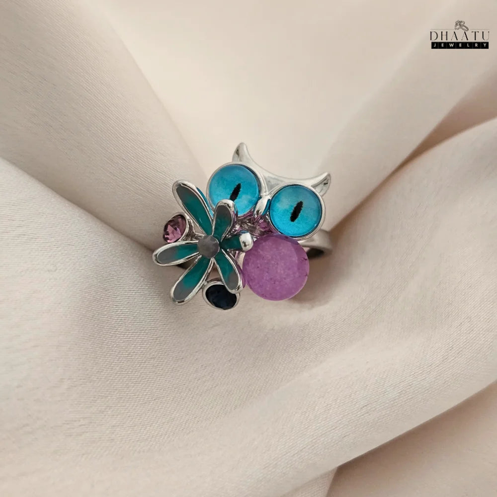 Playful Owl & Flower Ring in Gold and Silver Tones