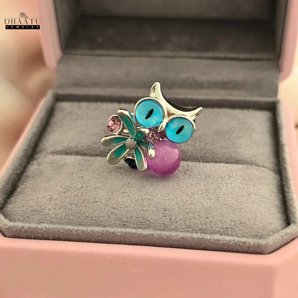 Playful Owl & Flower Ring in Gold and Silver Tones