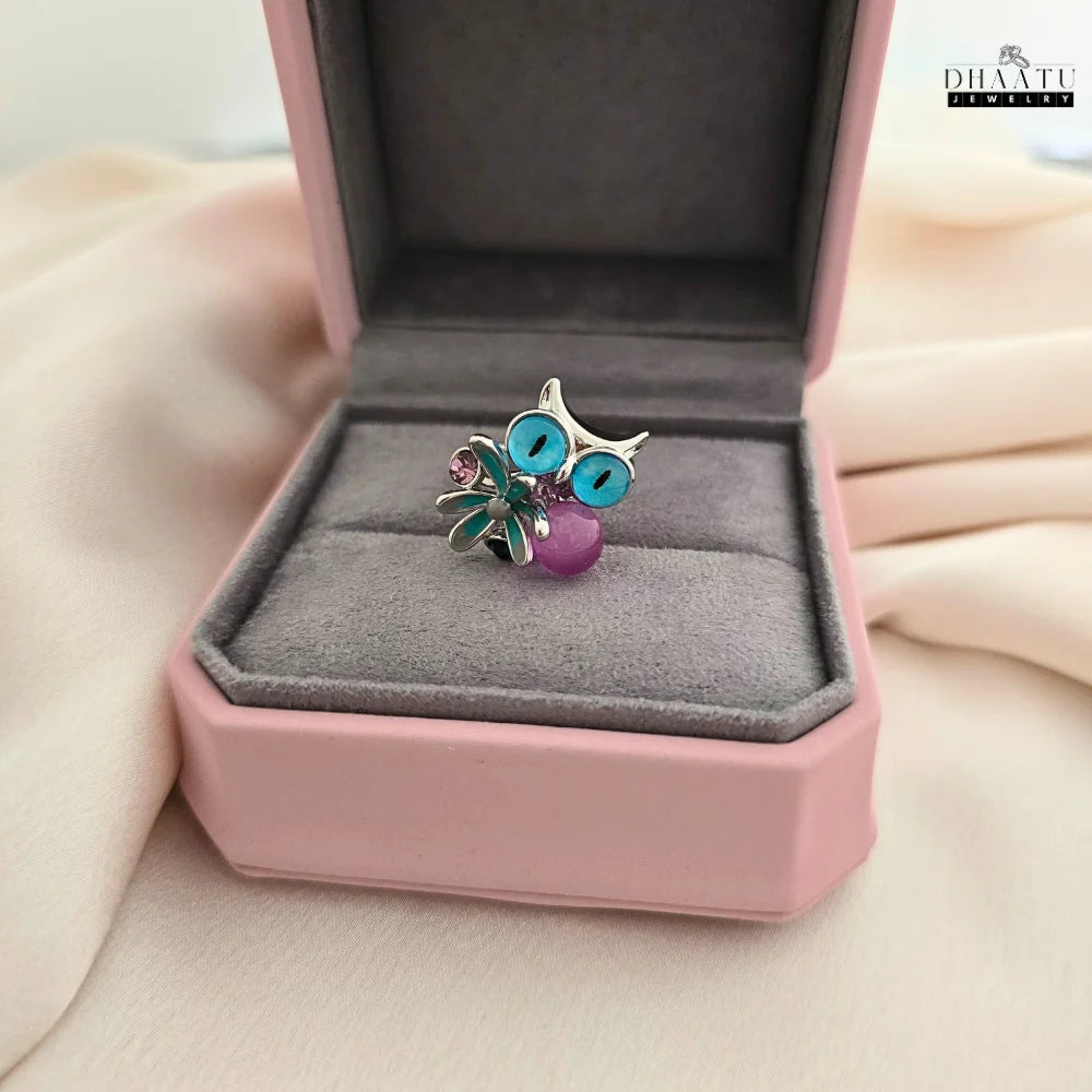 Playful Owl & Flower Ring in Gold and Silver Tones