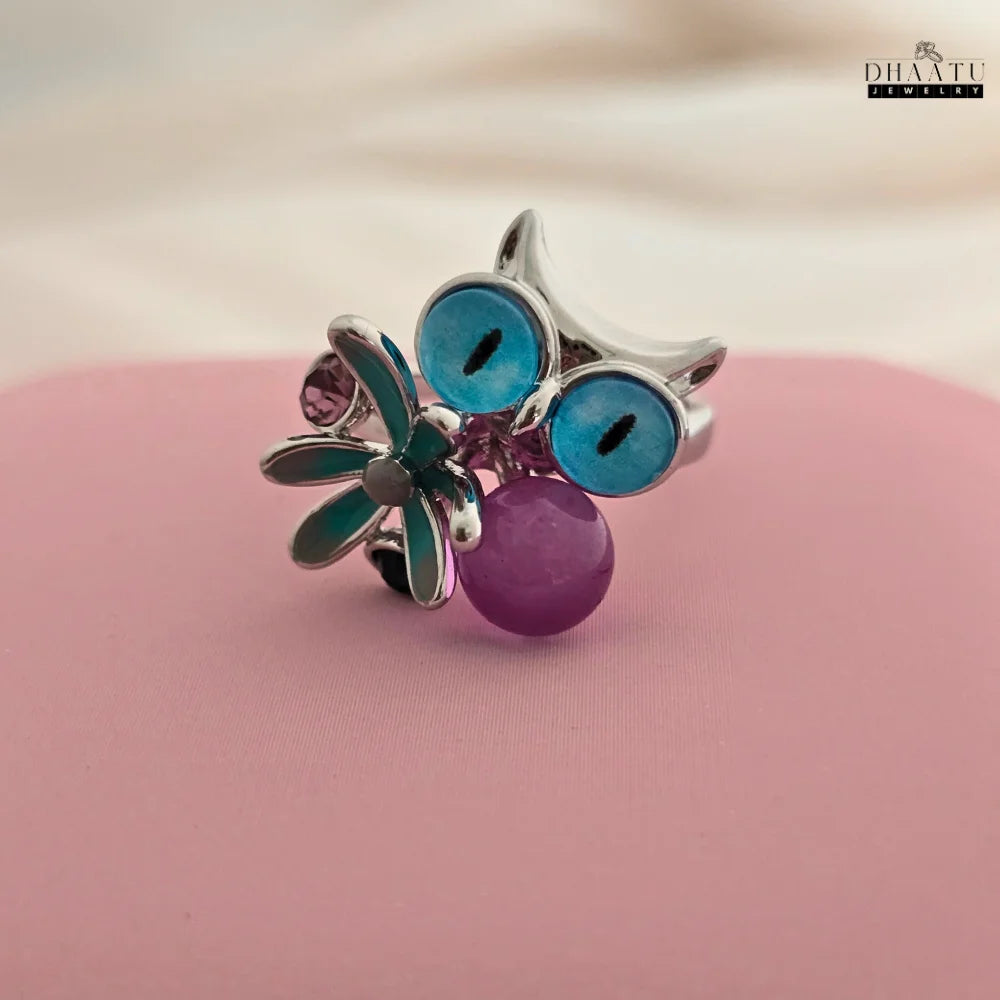 Playful Owl & Flower Ring in Gold and Silver Tones