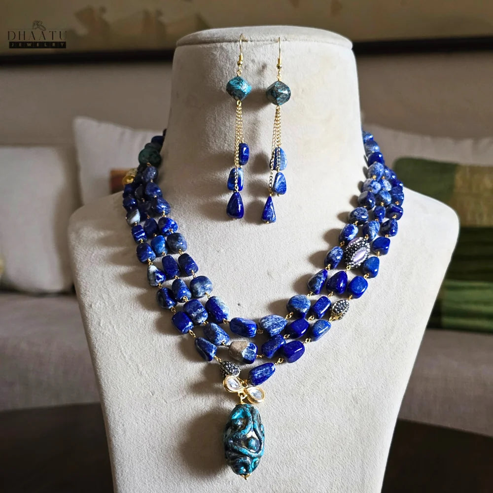 Elegant Deep Blue Lapis Lazuli & Carved Pendant Jewelry Set