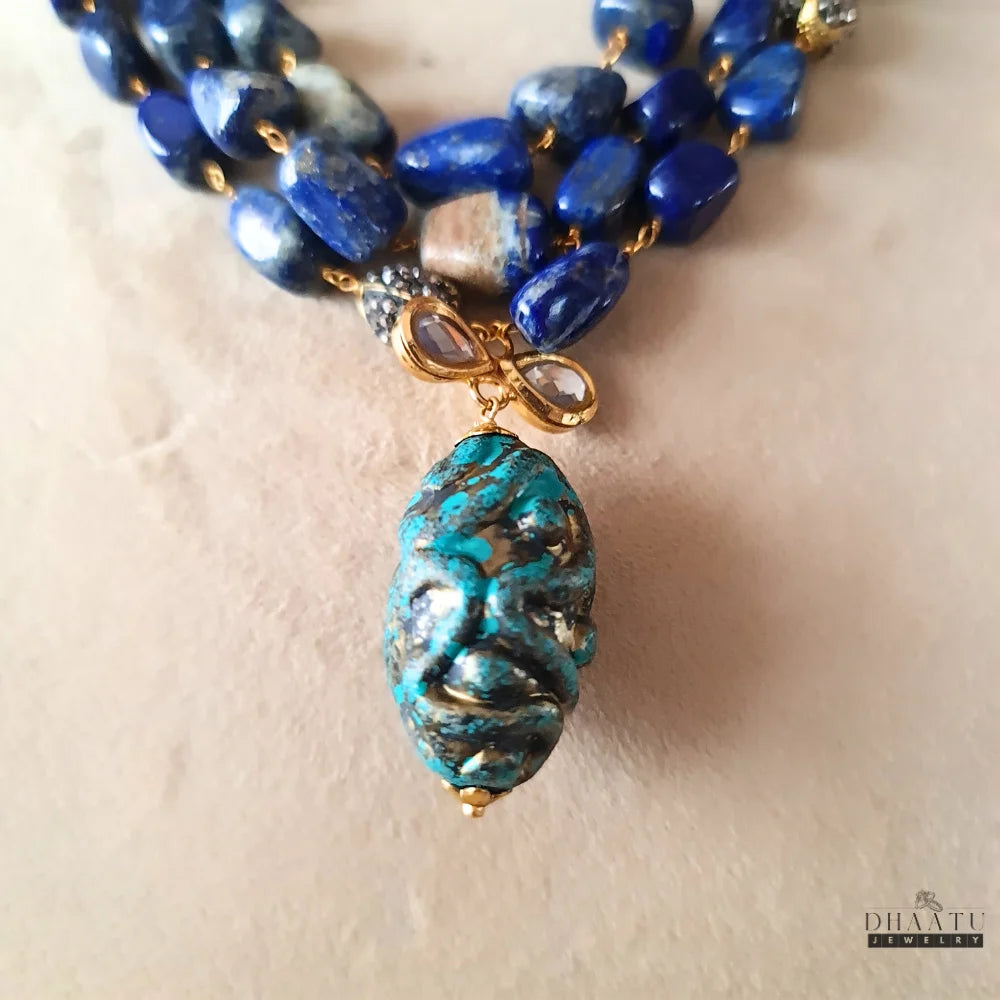 Elegant Deep Blue Lapis Lazuli & Carved Pendant Jewelry Set