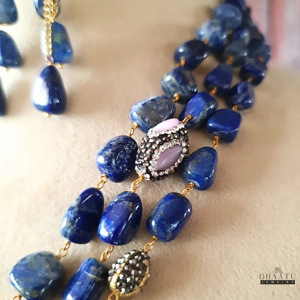 Elegant Deep Blue Lapis Lazuli & Carved Pendant Jewelry Set