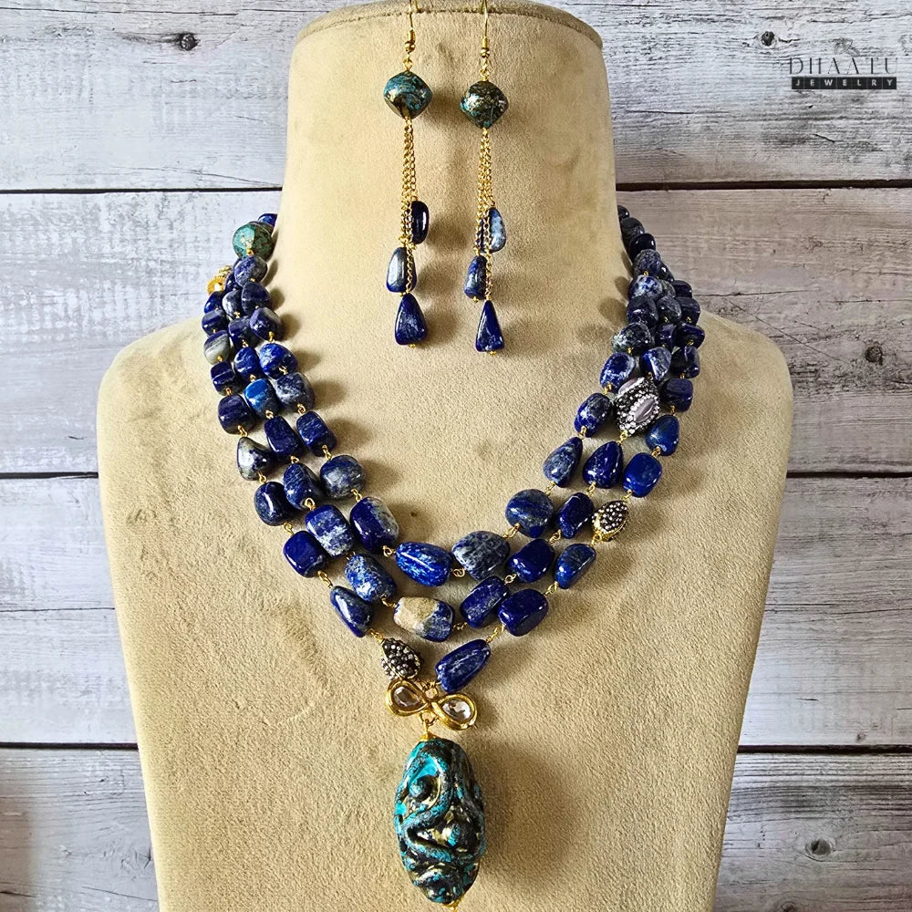 Elegant Deep Blue Lapis Lazuli & Carved Pendant Jewelry Set