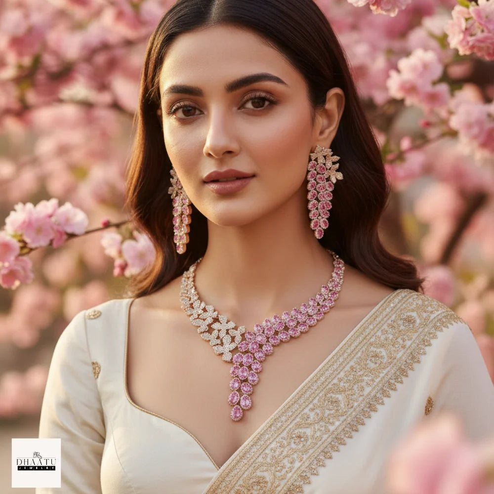 Gulnaar Pink Sapphire-Toned Floral Statement Necklace and Drop Earrings Set
