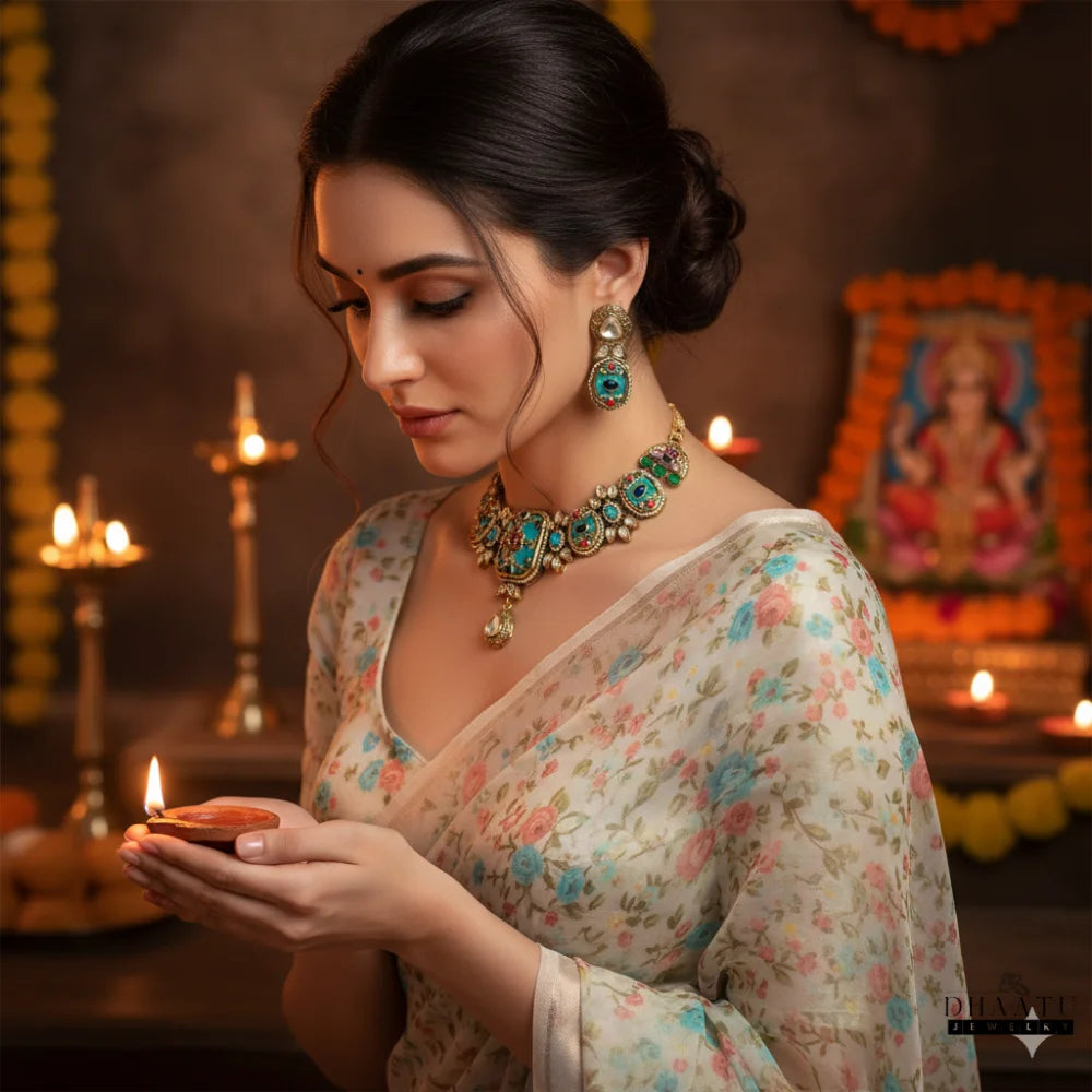 Exquisite Jadau Polki Style Choker Necklace & Earring Set - Traditional Indian Jewelry