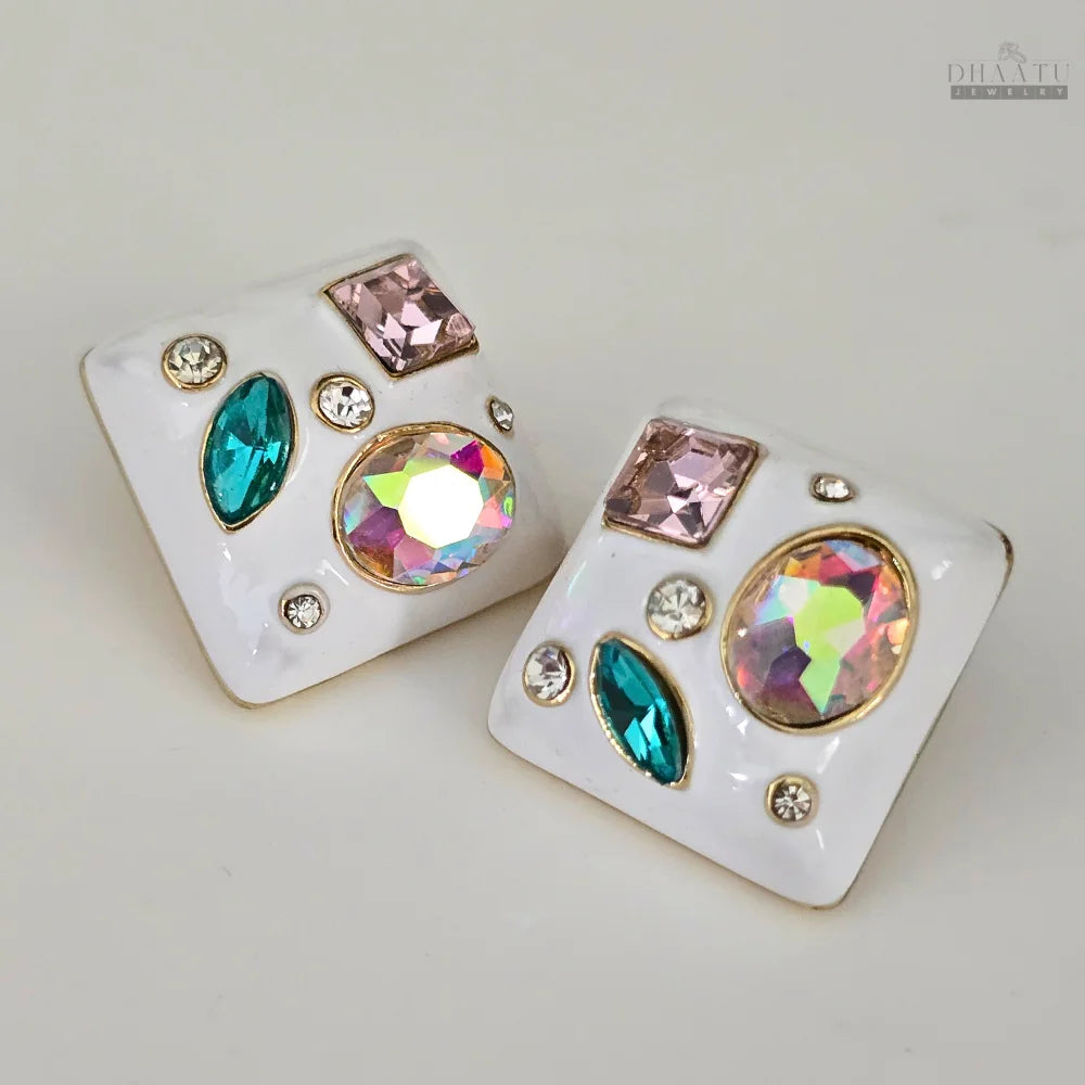 Gemstone Accented Square Studs with Multi-Color Gems