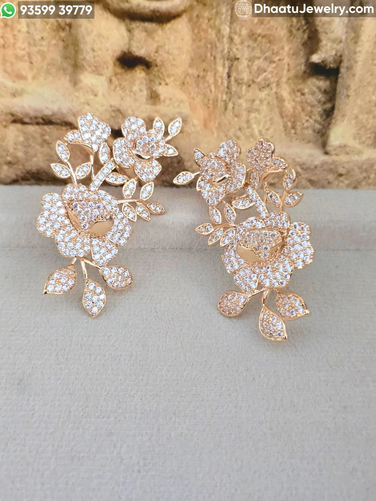 Premium Gold-Plated Intricate Floral Ear Cuff Crawler Earrings – Studded Bloom Design in Emerald Green & Diamond White Variants