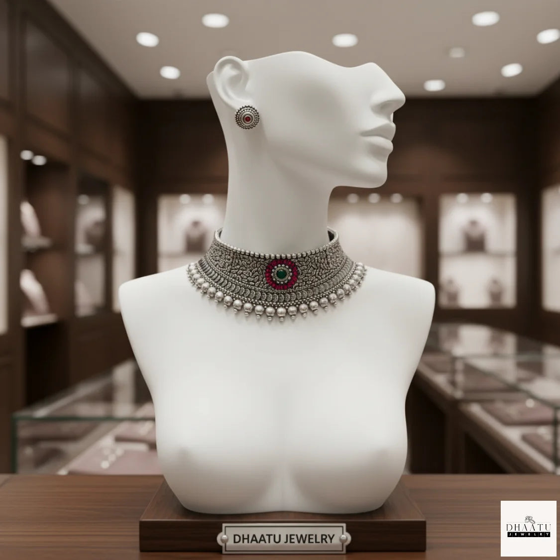 Oxidized Silver Finish Choker Necklace Set with Green & Ruby Stone Detailing - Ethnic Statement Jewelry
