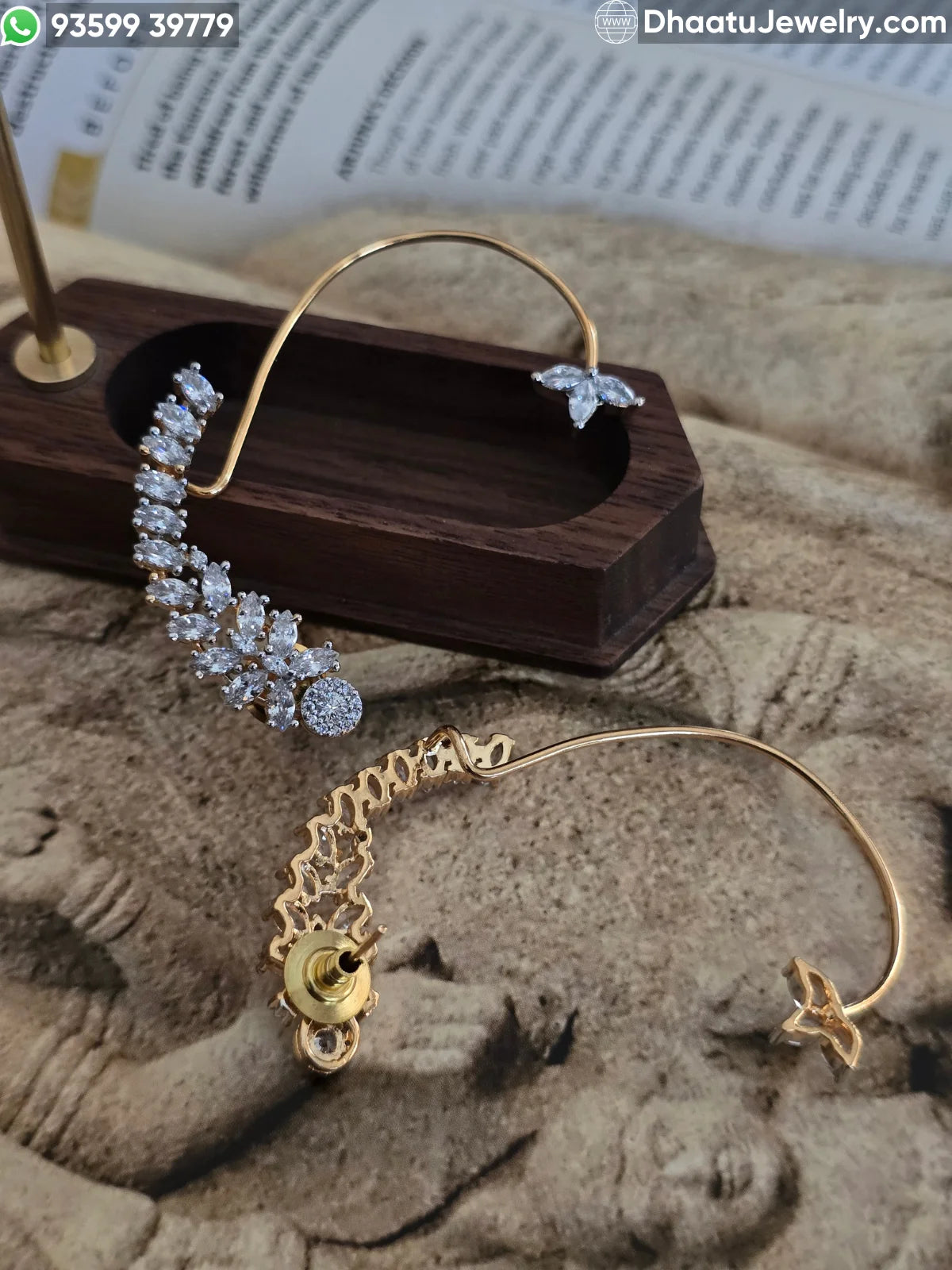 18K Gold Plated Premium Floral Cubic Zirconia Full Ear Cuff Wrap Earrings – Marquise Cut Leaf Design Ear Climbers with Cartilage Clasp