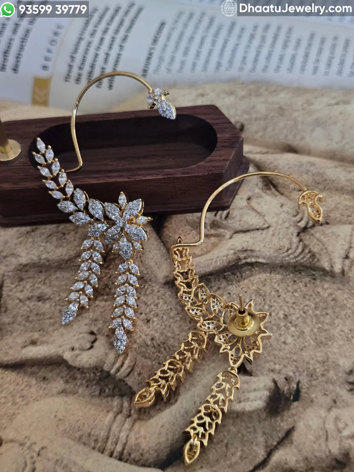 Premium Gold Plated Marquise CZ Floral Ear Cuff Earrings - Full Ear Wrap Jewelry with Dangling Leaf Drops