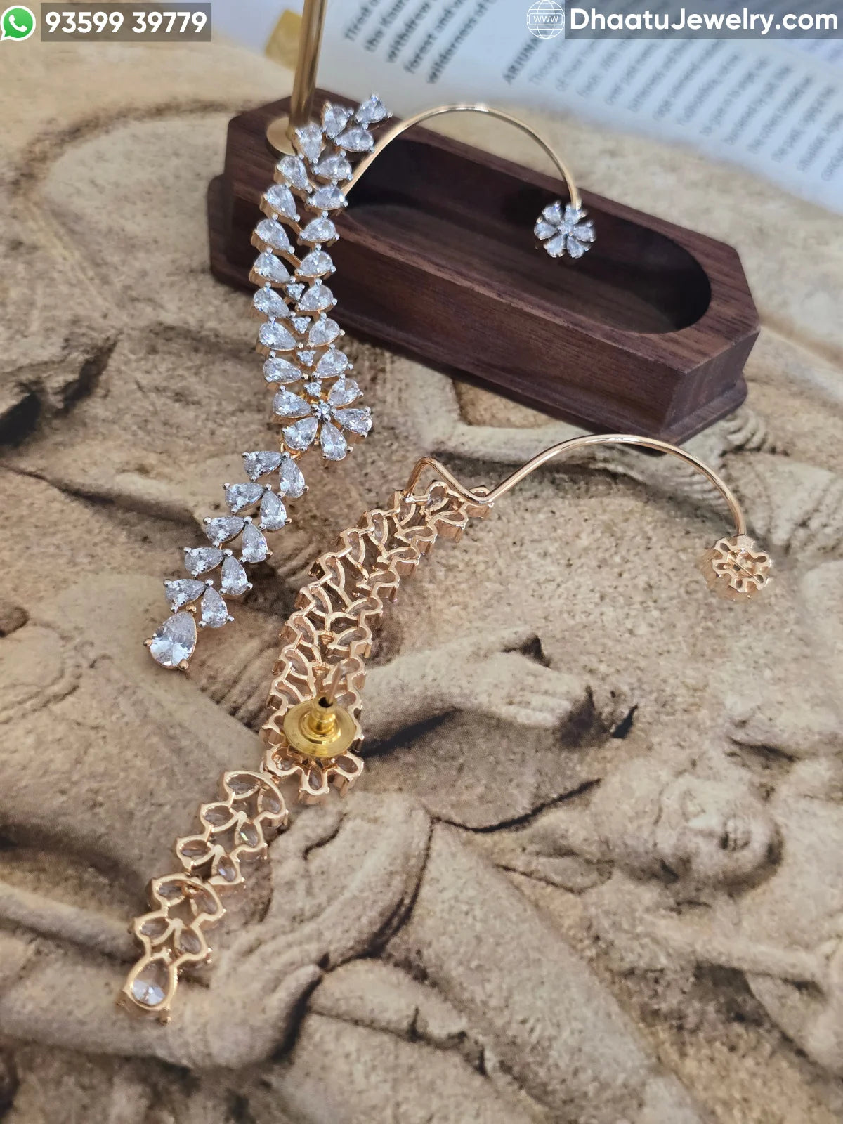 Premium 18K Gold Plated White Zirconia Floral Full Ear Cuff Earrings with Dangle Drops