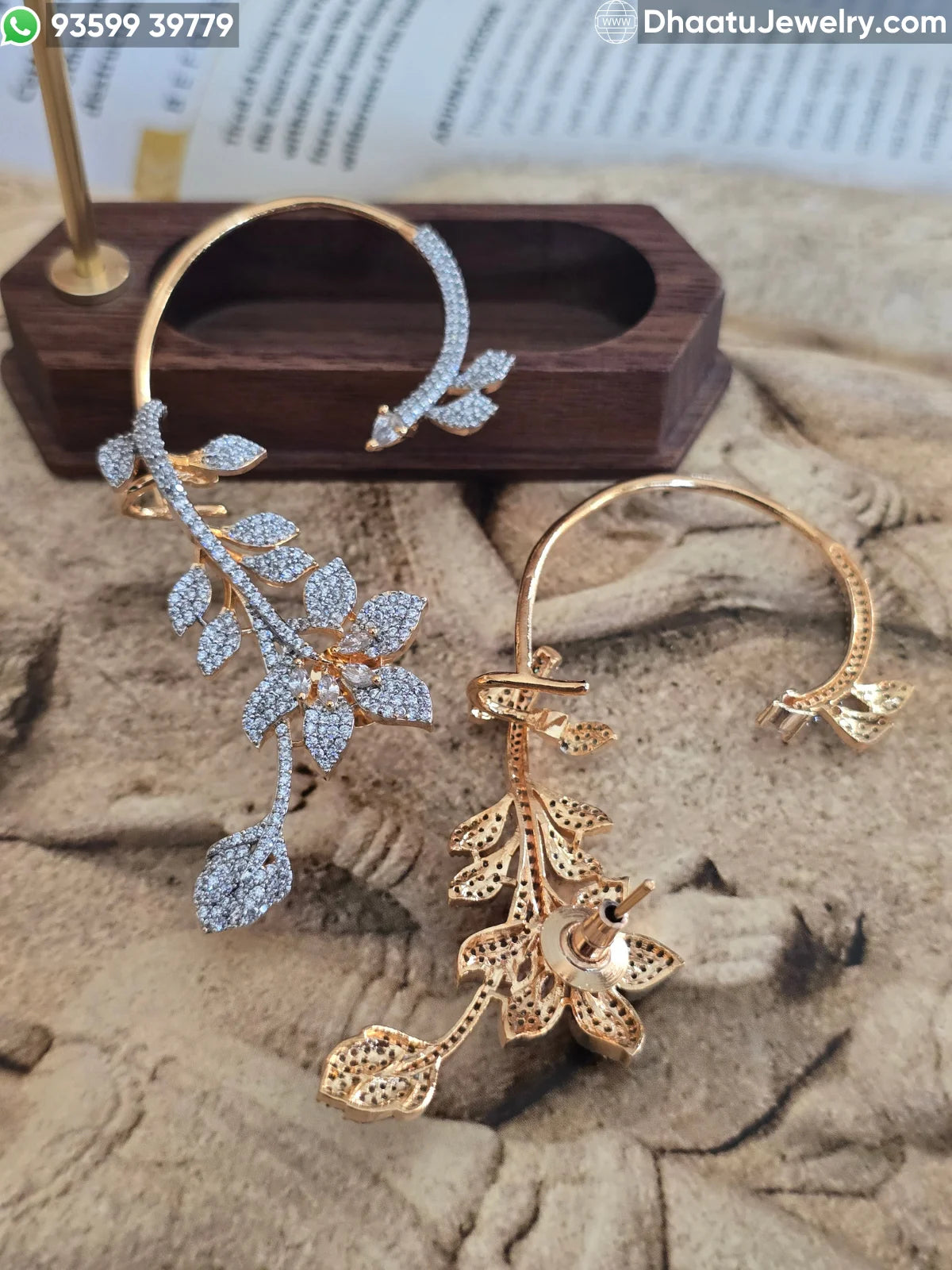 Premium Gold Plated Floral Vine Ear Cuff Earrings - CZ Stone Studded Full Ear Wrap Crawler with Cartilage Support Clasp