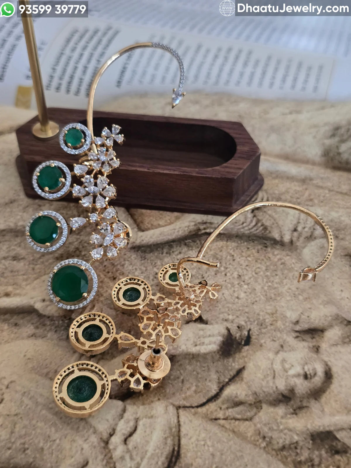 Premium Gold Plated Floral Ear Cuff Earrings with Ruby and Emerald Gemstones – Full Ear Wrap with Adjustable Cartilage Clasp