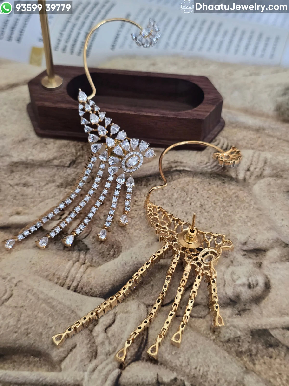 Premium Gold-Plated Floral Ear Cuff Earrings with Crystal Tassel Fringe – AAA+ Cubic Zirconia Statement Wrap Earrings for Weddings & Red Carpet Events