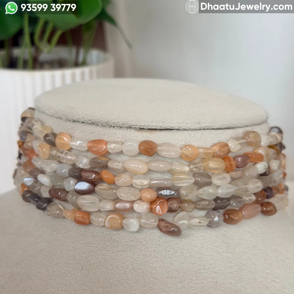 Multi-Color Moonstone 6-Layer Natural Stone Choker Necklace - Earthy Peach, Grey & Cream Tumbled Beads (23cm x 4.5cm)