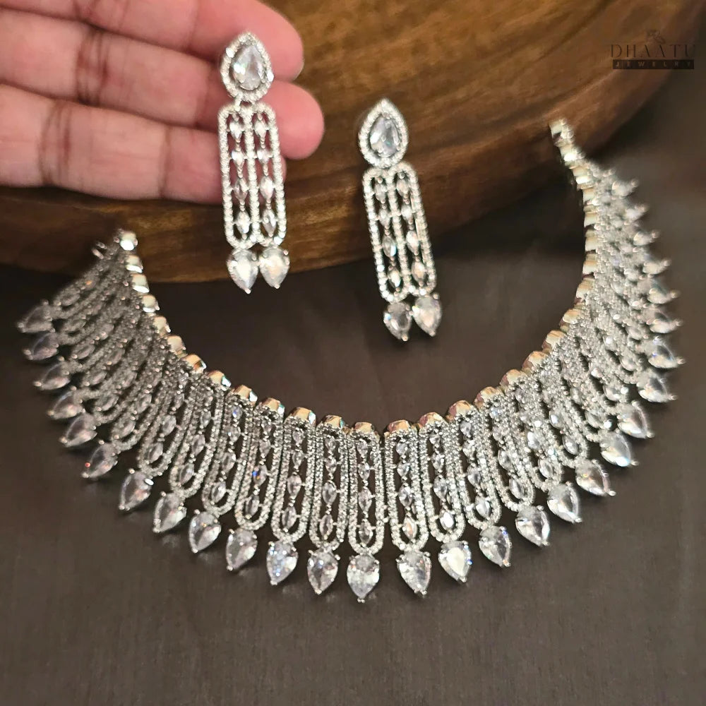 Elegant Silver-Tone CZ Choker Set