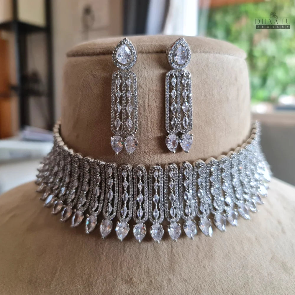 Elegant Silver-Tone CZ Choker Set