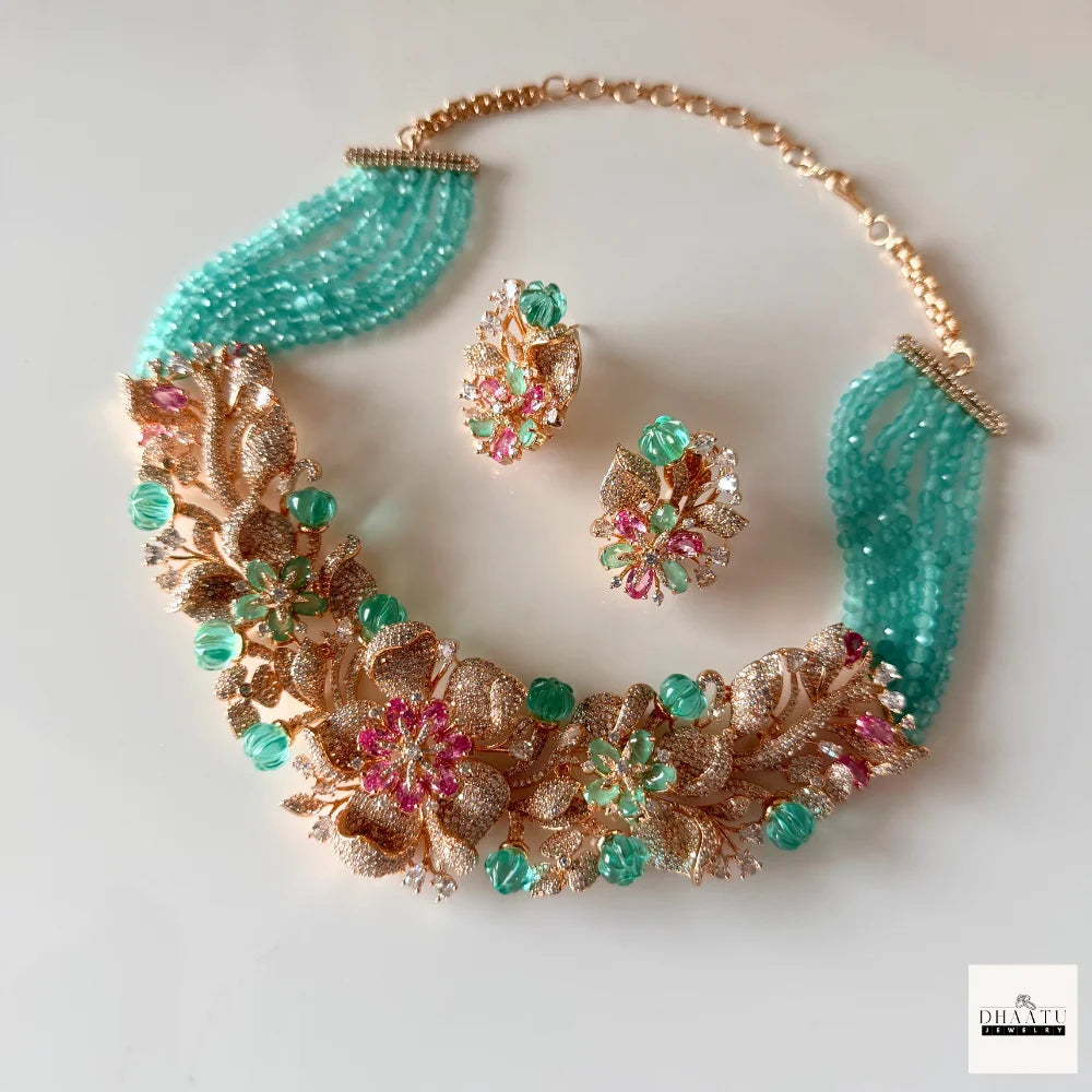 Gulnaar Floral Rose Gold Choker Set with Emerald Beads and Pink Stone Detailing