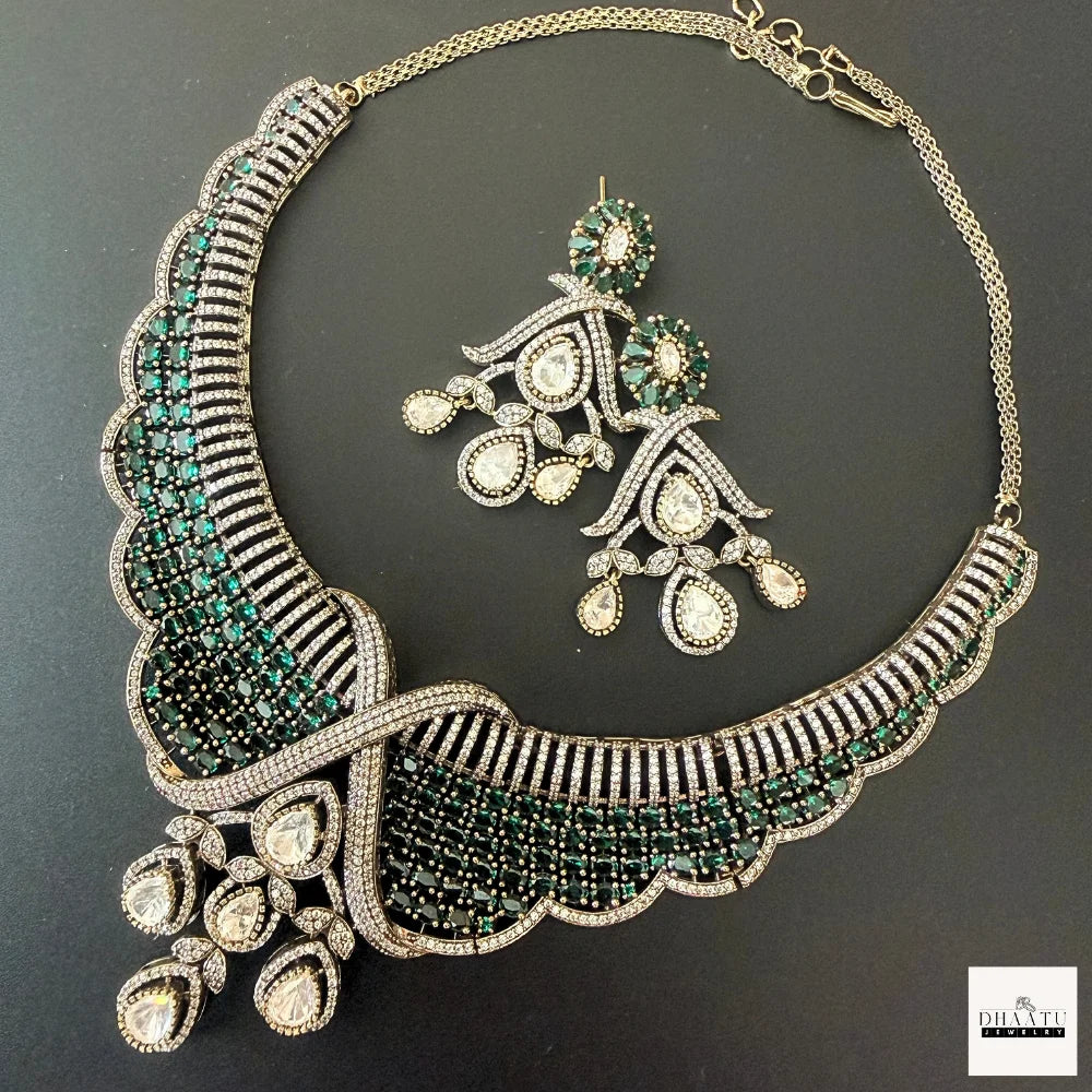 Ruby Tone CZ Bridal Necklace Set with Pear Drop Pendant & Matching Earrings – Gold Finish Artificial Jewelry