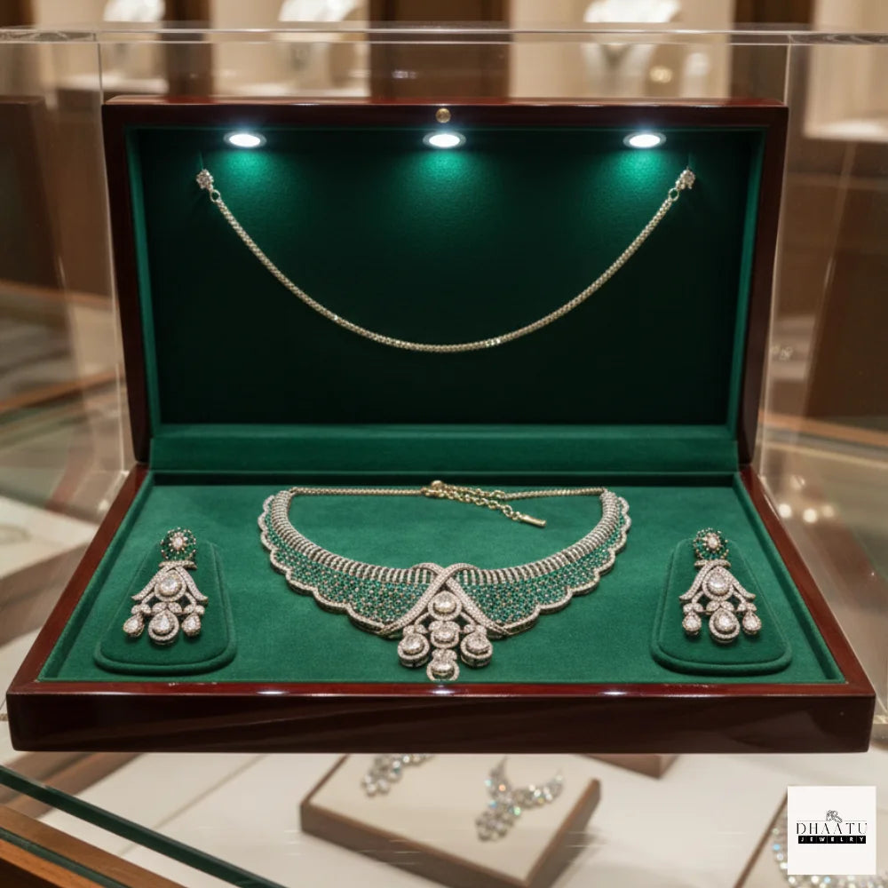 Ruby Tone CZ Bridal Necklace Set with Pear Drop Pendant & Matching Earrings – Gold Finish Artificial Jewelry