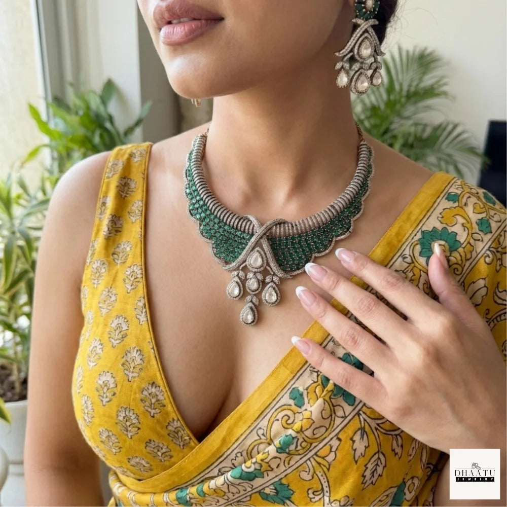 Ruby Tone CZ Bridal Necklace Set with Pear Drop Pendant & Matching Earrings – Gold Finish Artificial Jewelry